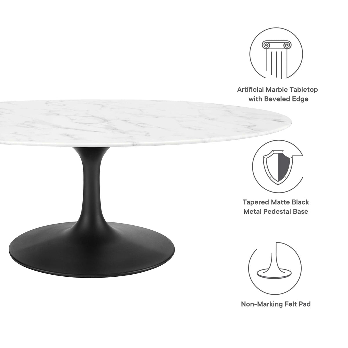 Lippa 48in Oval Faux Marble Coffee Table by Modway; beveled edge, black pedestal base on Tampa Home & Garden Store