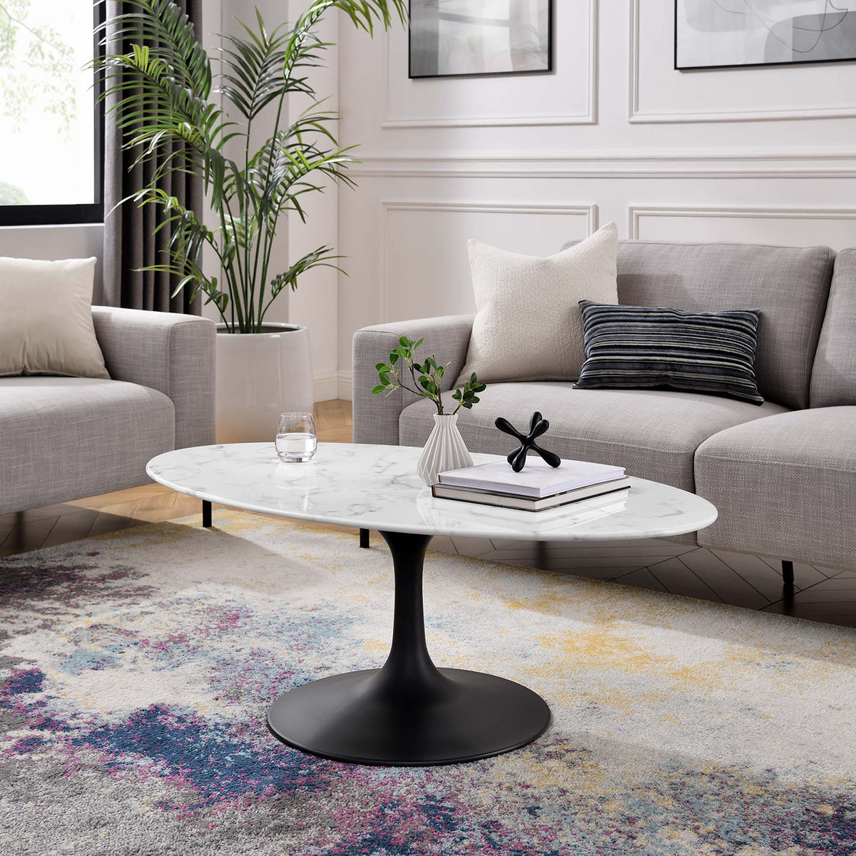 Lippa 48in oval faux marble coffee table by Modway with black pedestal base in living room on Tampa Home & Garden Store