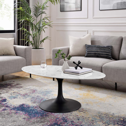 Lippa 48in oval faux marble coffee table by Modway with black pedestal base in living room on Tampa Home & Garden Store