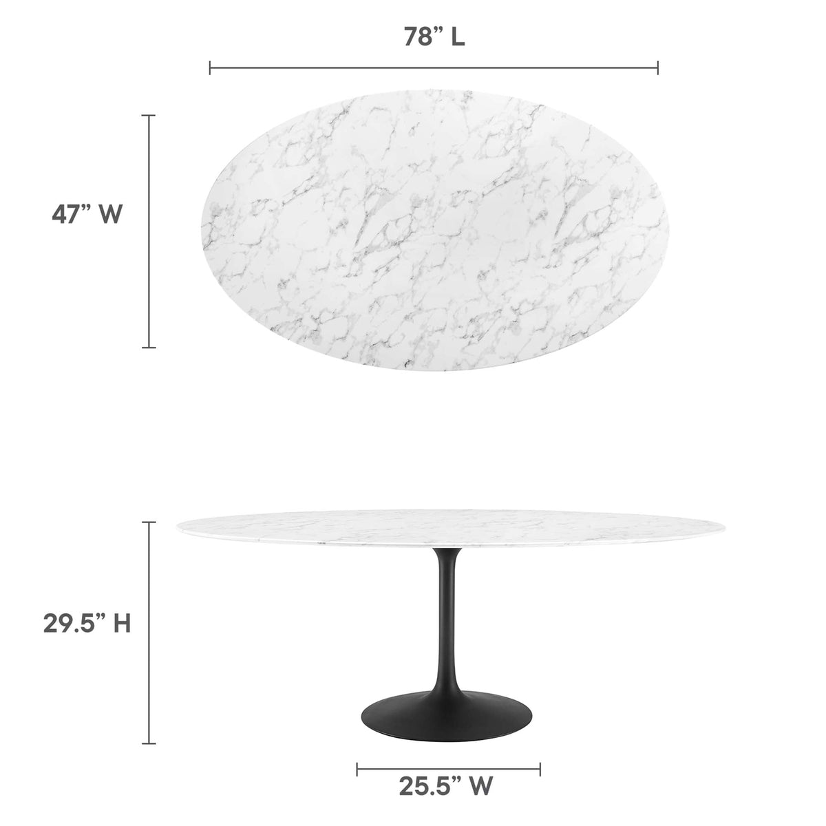 Lippa Oval Faux Marble Dining Table by Modway with black pedestal base, 78in long, 29.5in high on Tampa Home & Garden Store