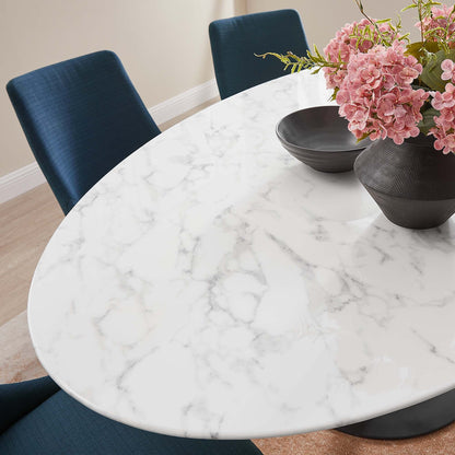 Lippa oval faux marble dining table with white top and gray veining blue upholstered chairs on Tampa Home & Garden Store