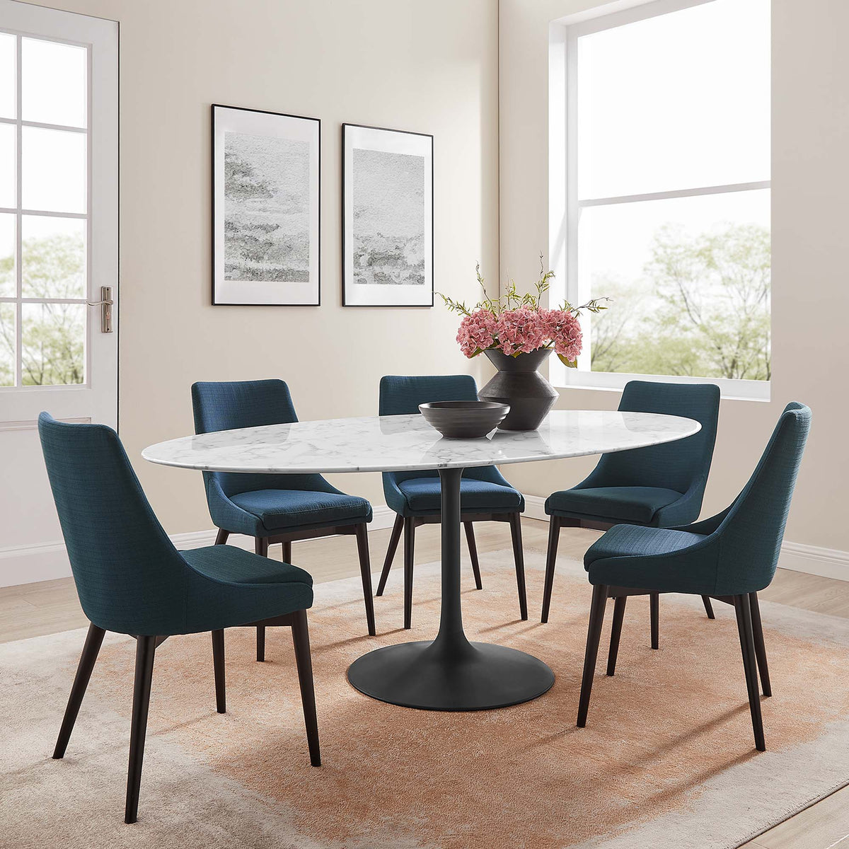 Lippa Oval Faux Marble Dining Table by Modway with black pedestal base and blue chairs on Tampa Home & Garden Store
