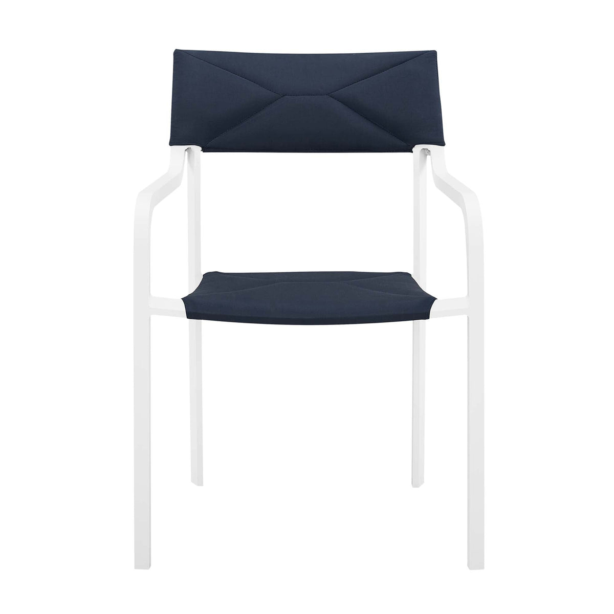 Raleigh stackable dining armchair navy fabric cushion, white aluminum frame HouseOfZazla on Tampa Home & Garden Store
