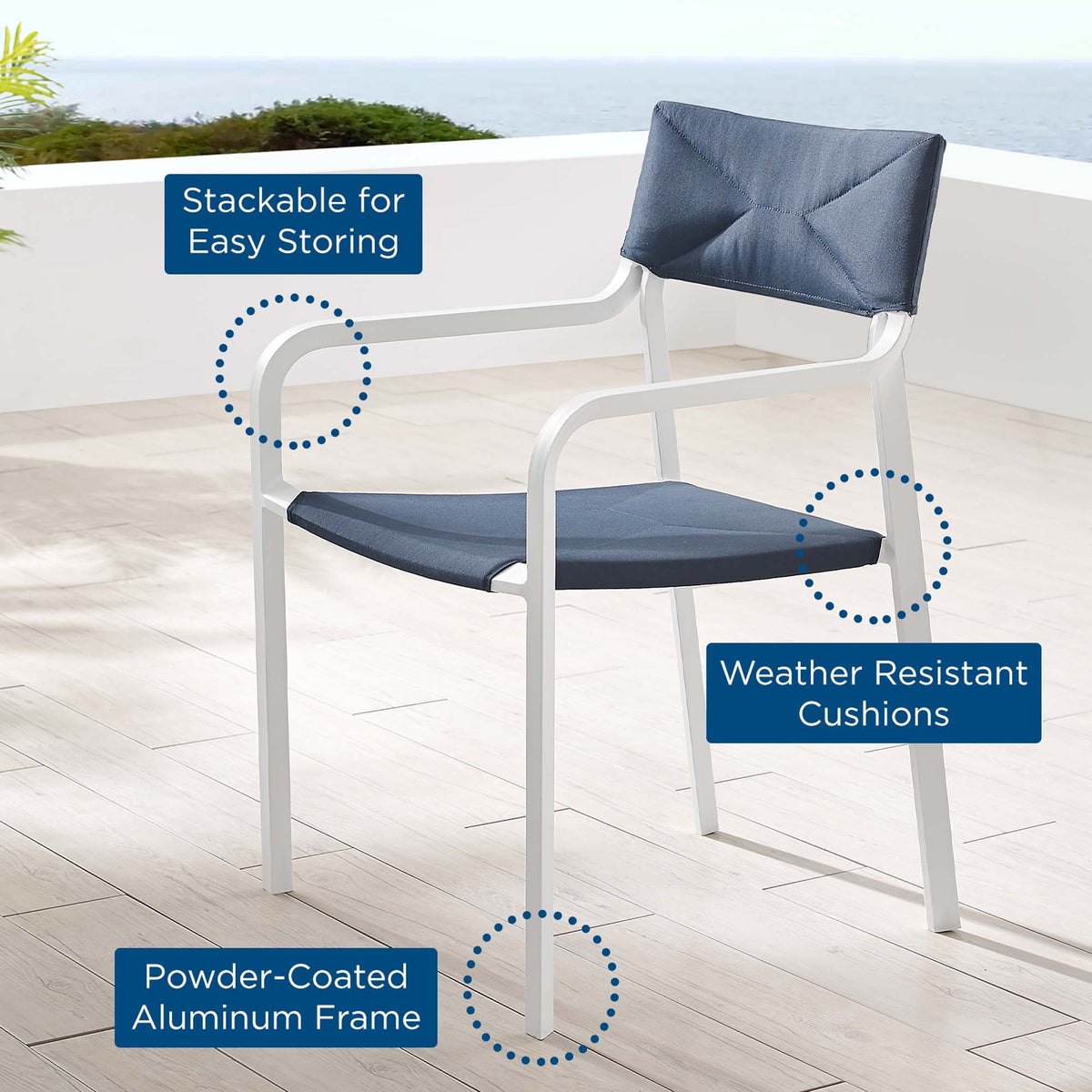Raleigh stackable outdoor dining armchair with navy cushions on a powder-coated aluminum frame on Tampa Home & Garden Store