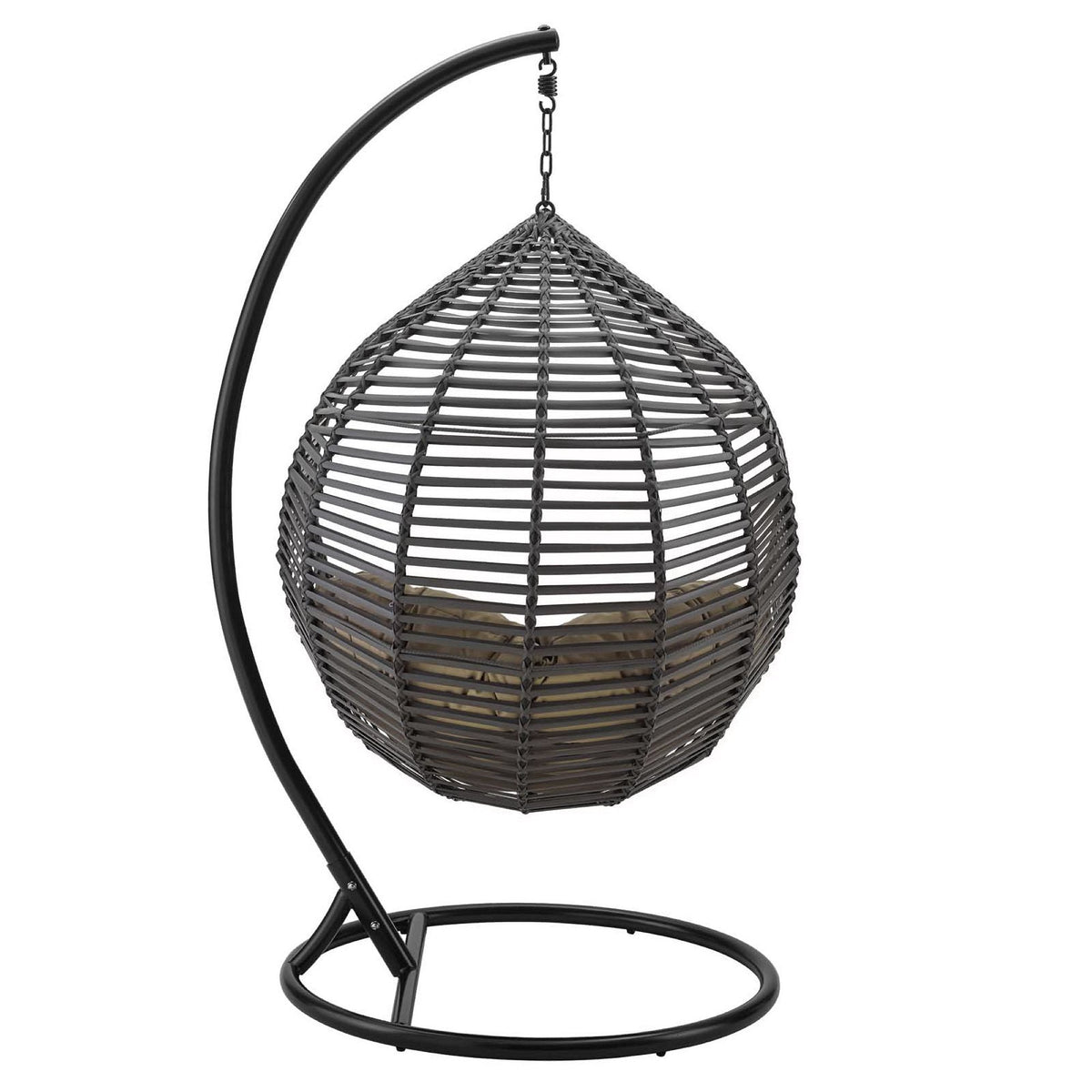 Garner teardrop patio swing chair by Modway in charcoal-gray woven wicker on black metal frame on Tampa Home & Garden Store