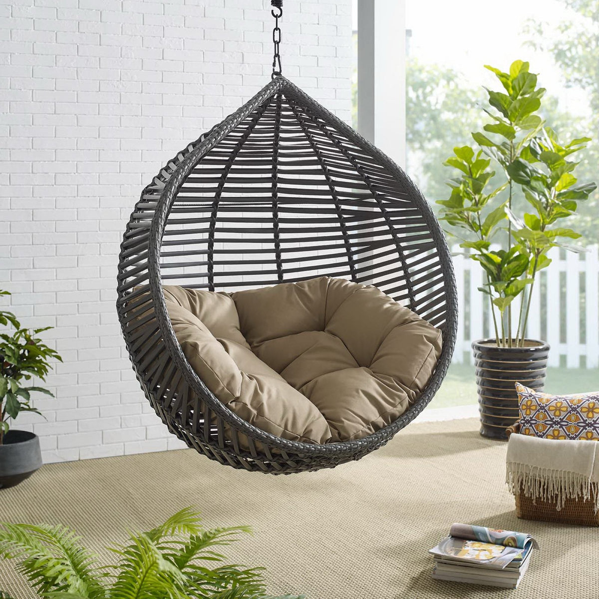 Garner Teardrop Outdoor Patio Swing Chair by Modway with dark wicker frame and beige cushion on Tampa Home & Garden Store