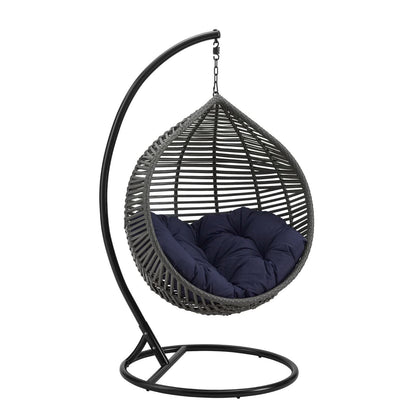 Garner teardrop patio swing chair navy rattan with black metal stand on Tampa Home & Garden Store