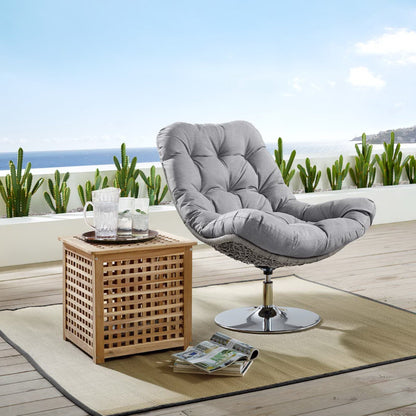 Brighton Wicker Rattan Outdoor Patio Swivel Lounge Chair with grey tufted cushion on a deck on Tampa Home & Garden Store