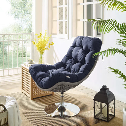 Brighton wicker rattan outdoor swivel lounge chair with navy cushions on balcony setting on Tampa Home & Garden Store