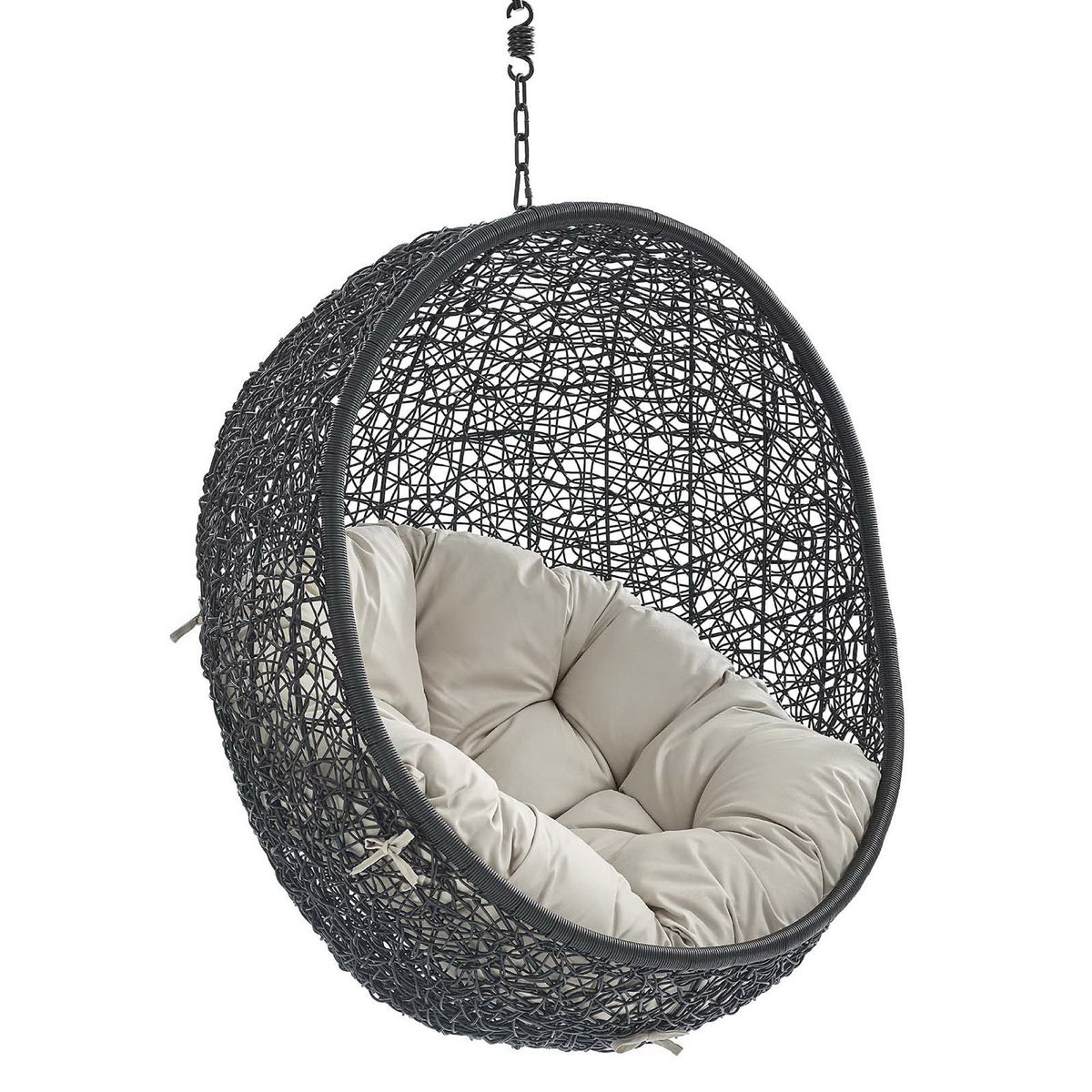 Encase Sunbrella hanging wicker lounge chair with beige cushions, chain suspension without stand on Tampa Home & Garden Store
