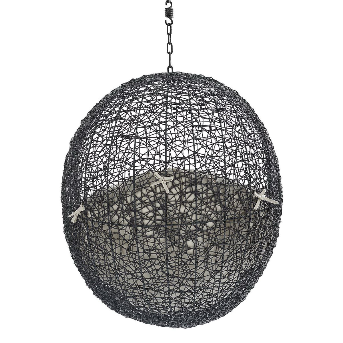 Black woven rattan pendant light with spherical lattice shade and metal chain on Tampa Home & Garden Store