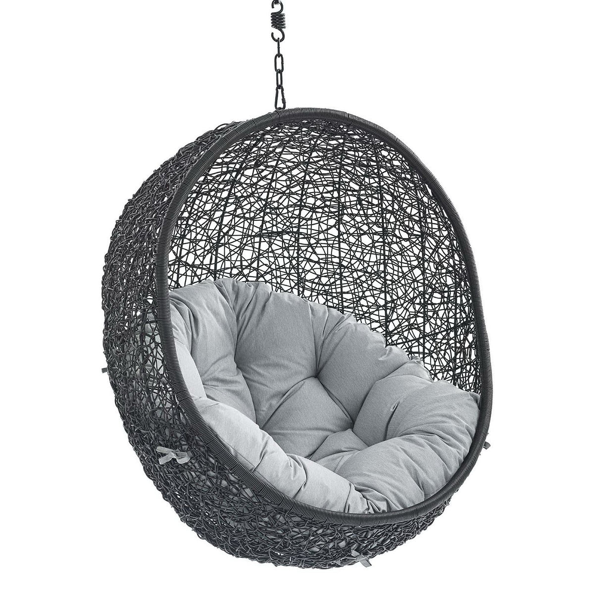 Encase Sunbrella fabric hanging lounge chair in black wicker with grey cushions by HouseOfZazla on Tampa Home & Garden Store