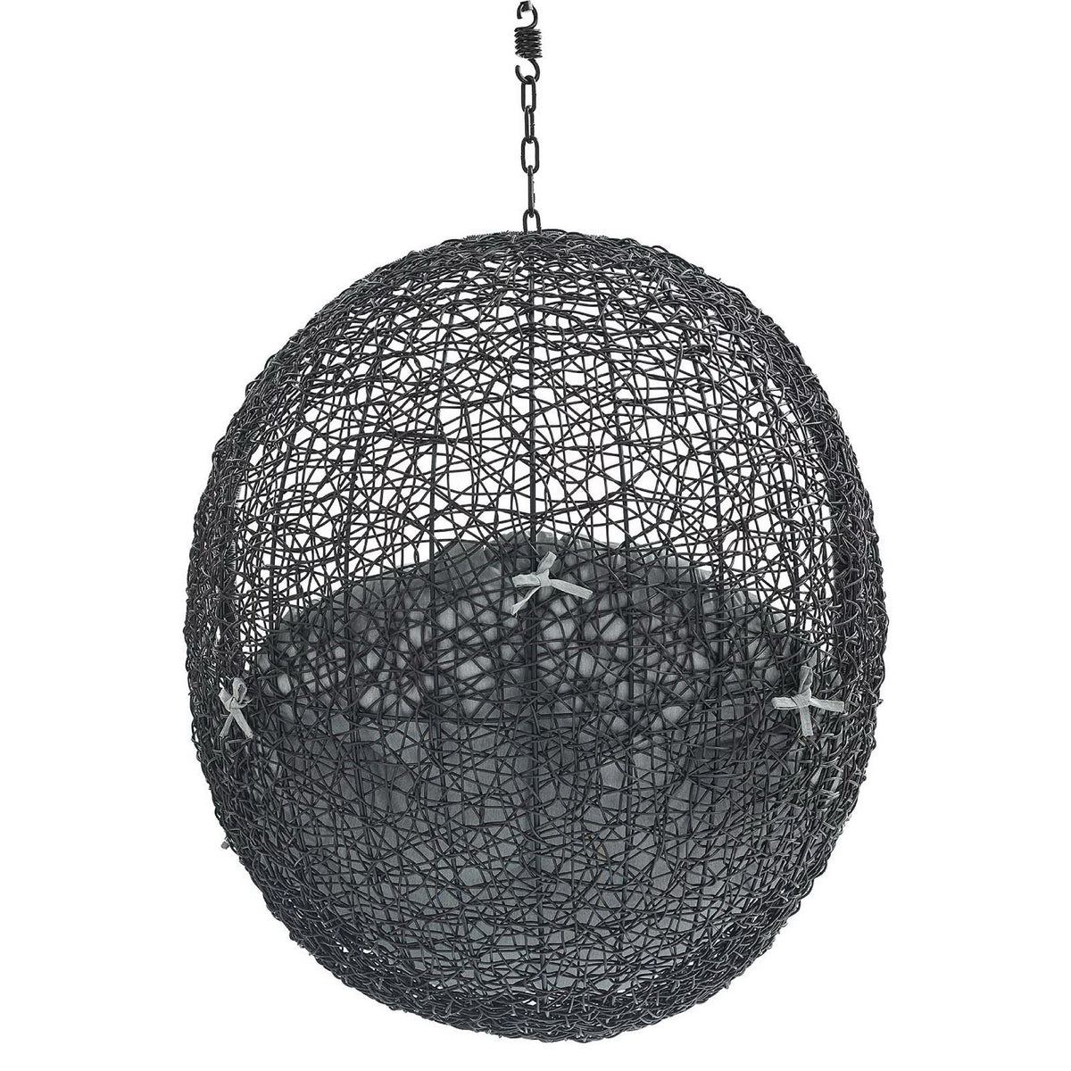 Black woven spherical pendant light with metal chain hanger and open lattice design on Tampa Home & Garden Store