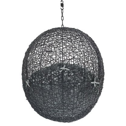 Black woven spherical pendant light with metal chain hanger and open lattice design on Tampa Home & Garden Store