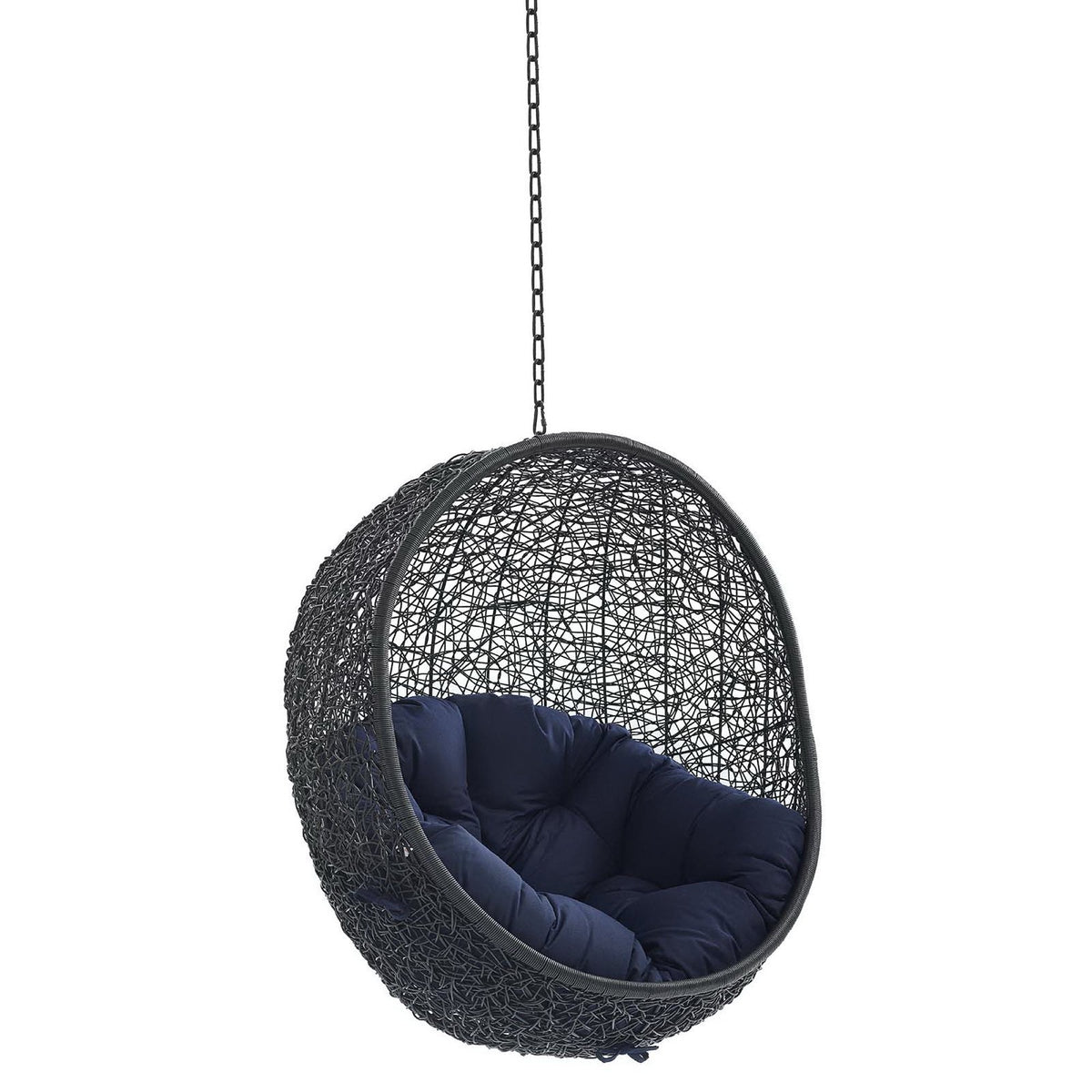 Encase Sunbrella fabric hanging lounge chair with navy cushions, spherical wicker basket on Tampa Home & Garden Store
