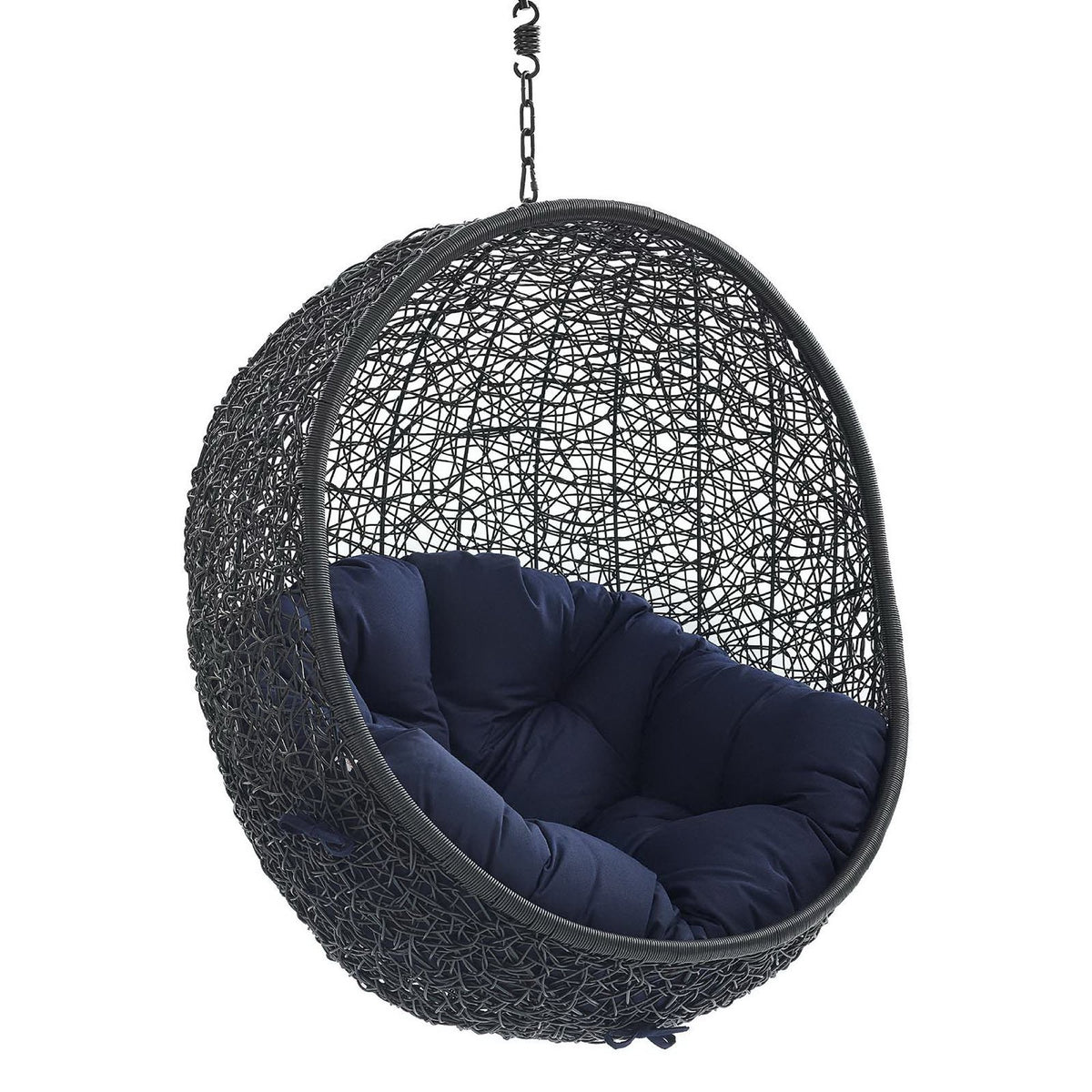 Encase Sunbrella fabric hanging lounge chair with navy cushions, black woven wicker on chain on Tampa Home & Garden Store