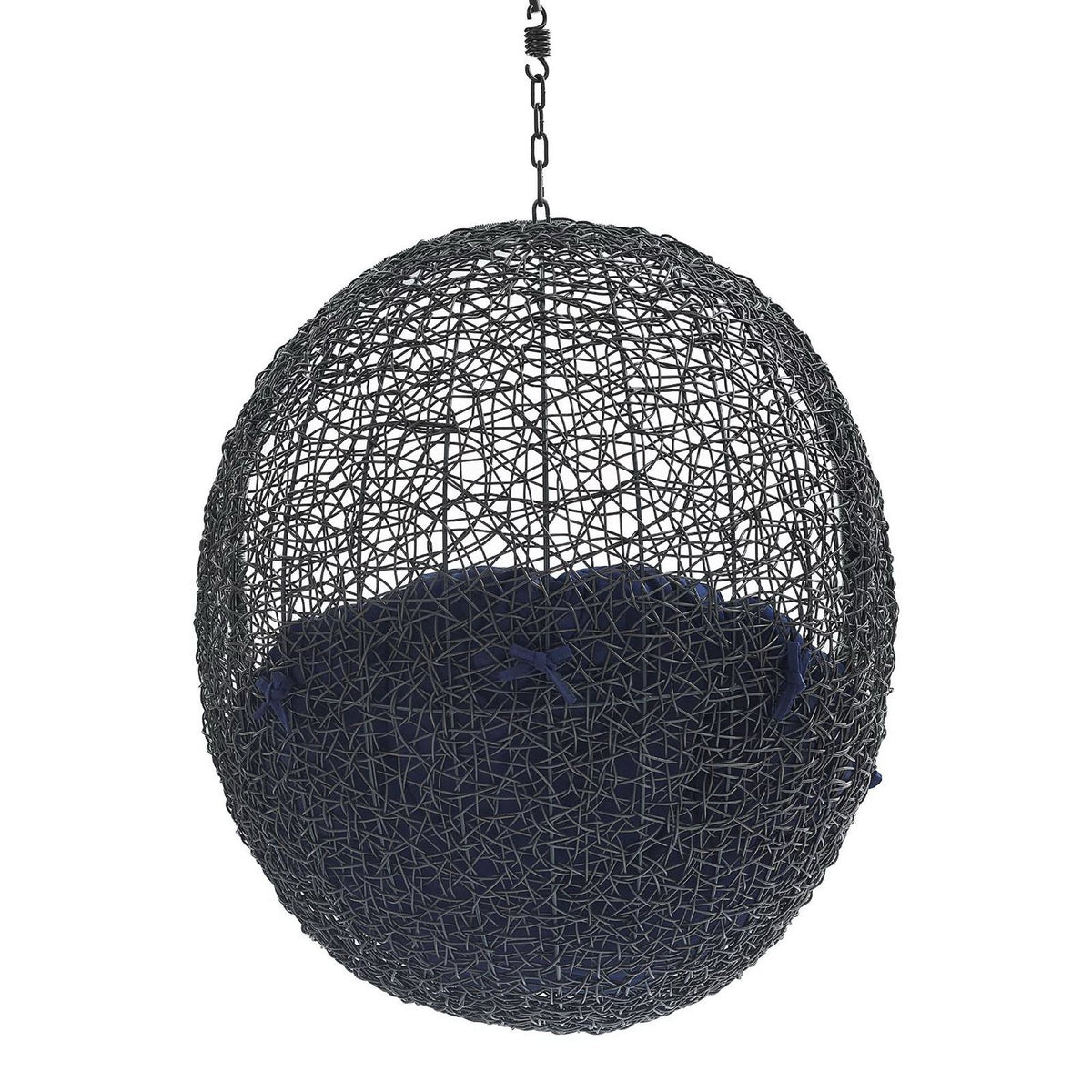 Dark metal spherical pendant lamp with navy cushion inside hanging from chain on Tampa Home & Garden Store
