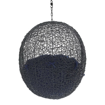 Dark metal spherical pendant lamp with navy cushion inside hanging from chain on Tampa Home & Garden Store