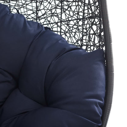 Encase Sunbrella fabric swing lounge chair navy cushions with dark woven rattan frame on Tampa Home & Garden Store