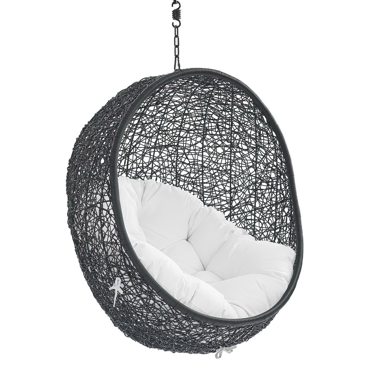 Daybed swing chair in black woven rattan with white Sunbrella cushion, chain suspension on Tampa Home & Garden Store