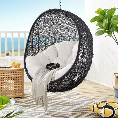 Encase Sunbrella Swing Outdoor Lounge Chair with gray cushions, hanging black woven rattan on Tampa Home & Garden Store