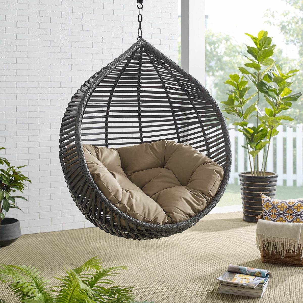 Garner Teardrop Outdoor Patio Swing Chair Without Stand in dark wicker with beige cushions hanging chair on Tampa Home & Garden Store