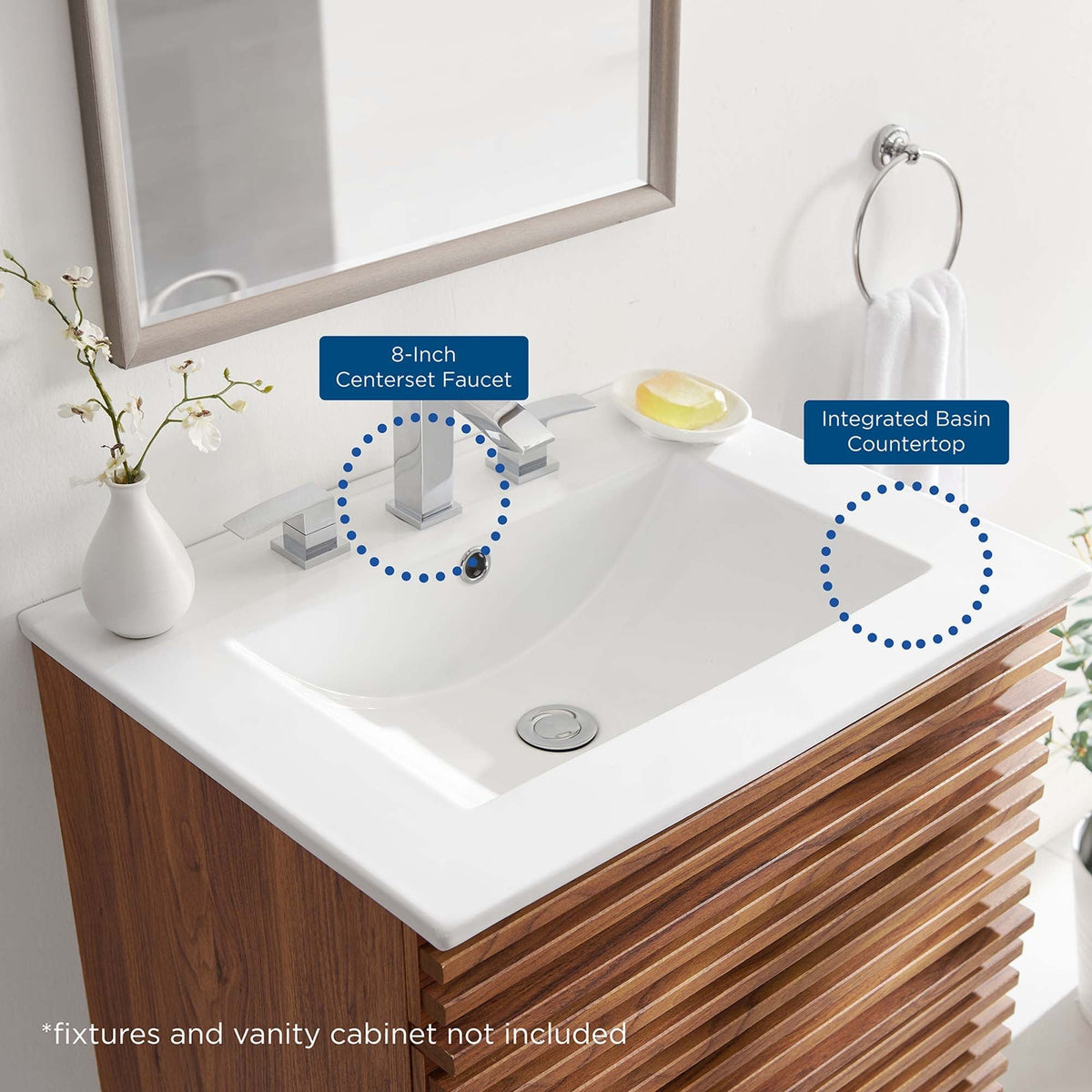 Cayman Bathroom Sink by Modway, white integrated basin, wood slat vanity, chrome faucet, mirror on Tampa Home & Garden Store