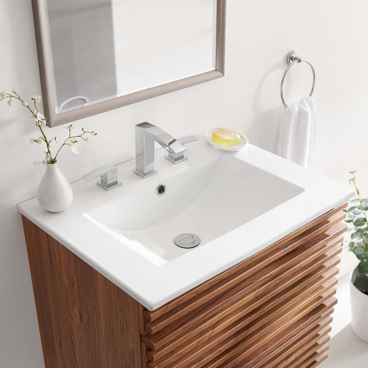 Cayman bathroom sink by Modway with white countertop, chrome square faucet, and wooden slatted vanity on Tampa Home & Garden Store