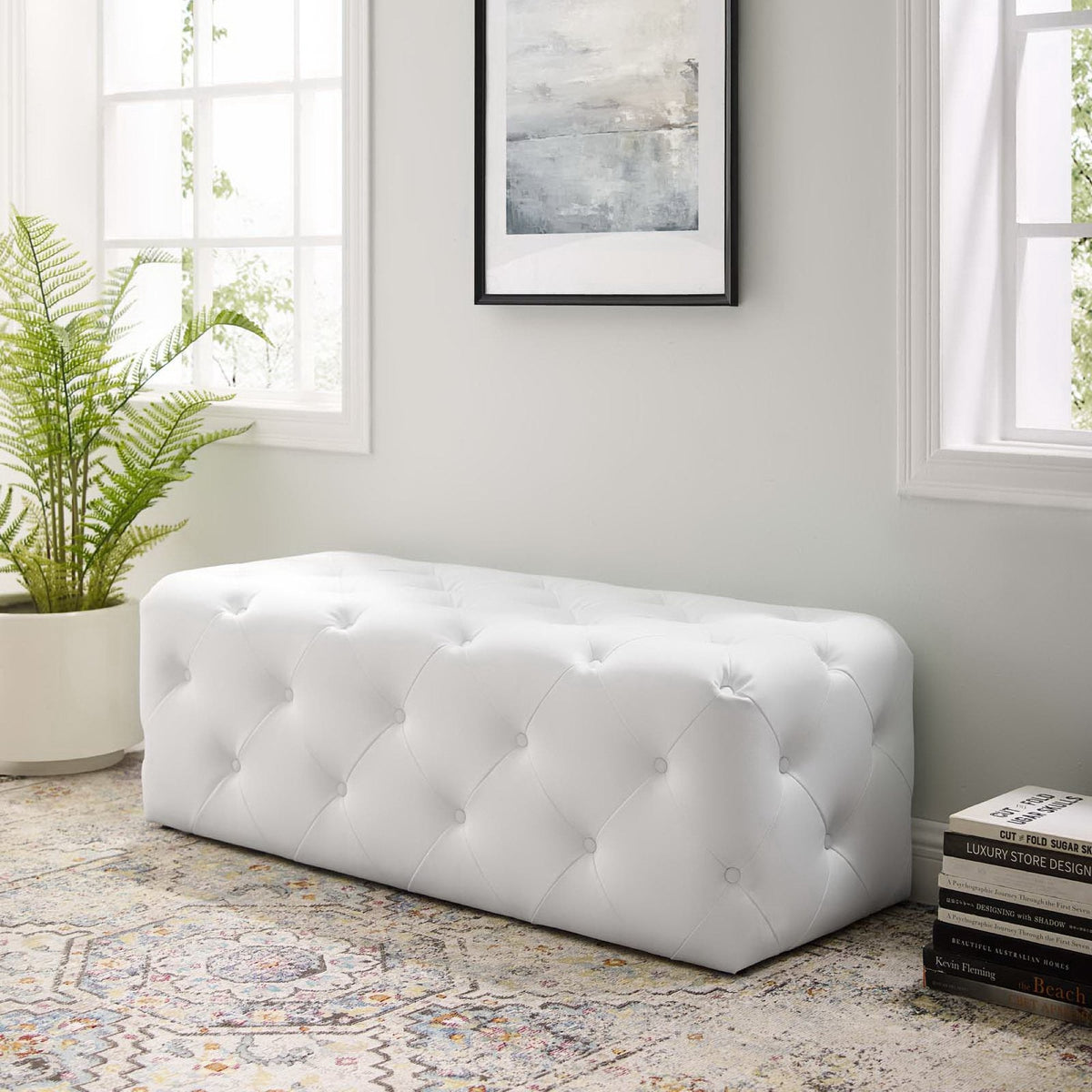 Amour 48in tufted button faux leather entryway bench white by HouseOfZazla in living room on Tampa Home & Garden Store