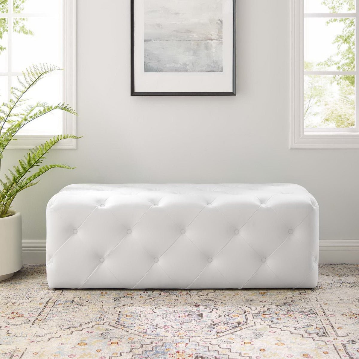 Amour 48in white tufted faux leather entryway bench with button tufting on Tampa Home & Garden Store
