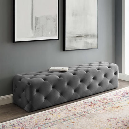Amour 72in tufted velvet entryway bench in gray with button-tufted cushions for living room decor on Tampa Home & Garden Store