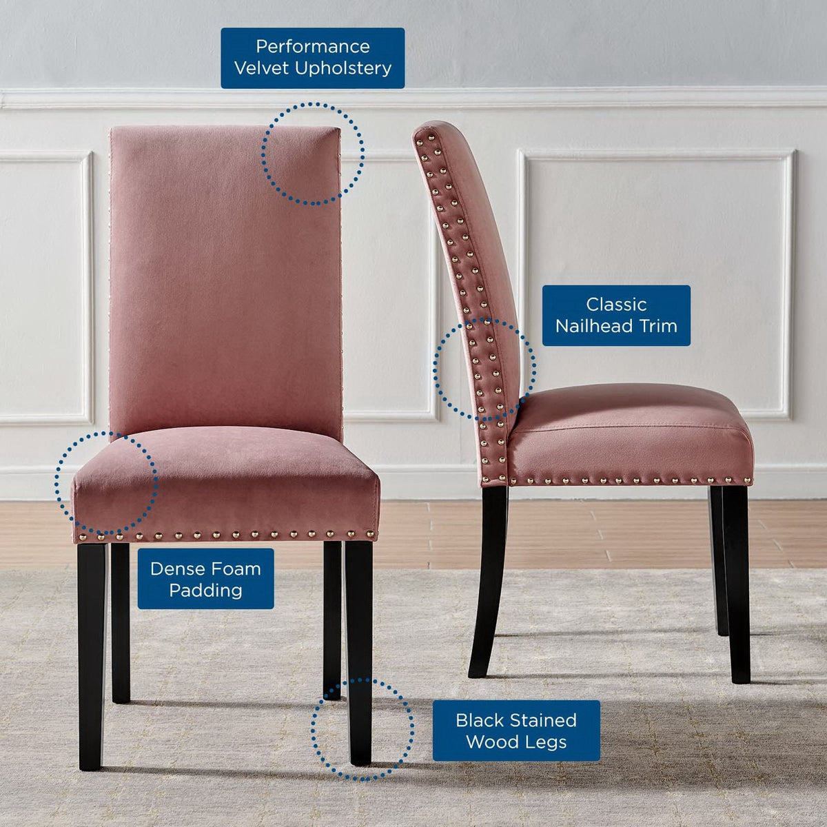 Parcel Velvet Dining Side Chairs set of 2, pink velvet, nailhead trim, black-stained wood legs on Tampa Home & Garden Store
