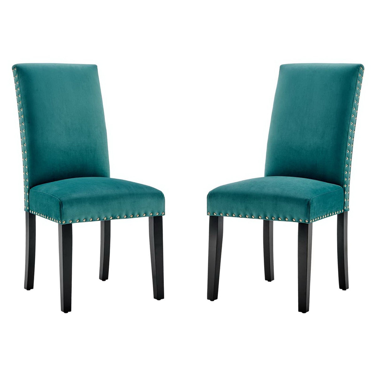 Parcel Performance Velvet Dining Side Chairs Set of 2, teal velvet, nailhead trim, black legs on Tampa Home & Garden Store
