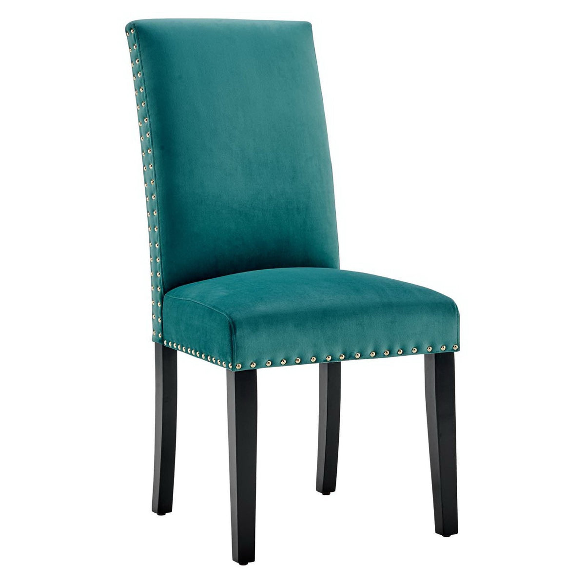 Teal velvet dining chair with nailhead trim and black legs on Tampa Home & Garden Store