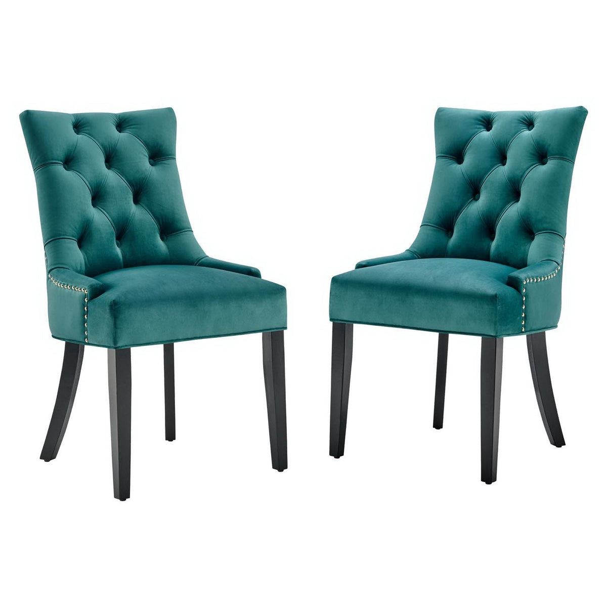 Regent tufted performance velvet dining chairs set of 2 in teal with nailhead trim and dark legs on Tampa Home & Garden Store