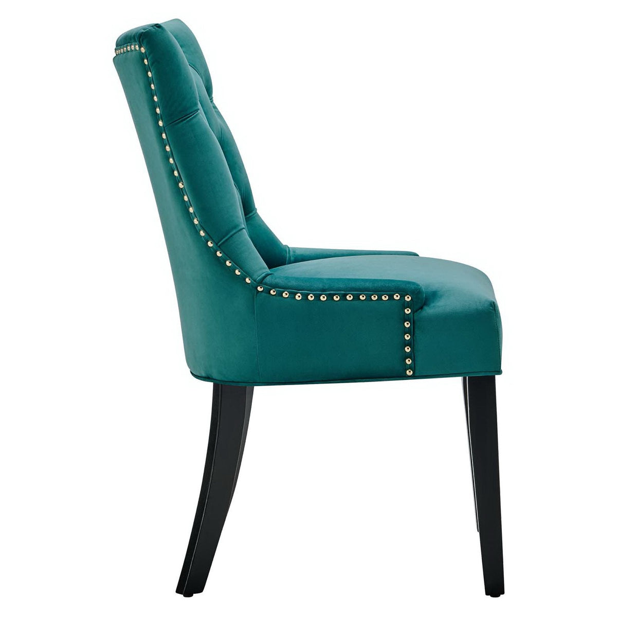 Regent tufted performance velvet dining chair in teal with brass nailhead trim on Tampa Home & Garden Store