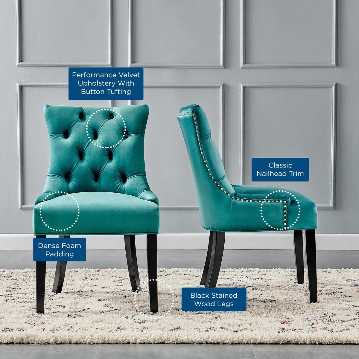 Regent Tufted Velvet Dining Side Chairs Set2 teal tufted back black wood legs Modway on Tampa Home & Garden Store