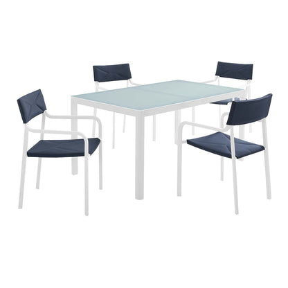 Raleigh 5 Piece Aluminum Dining Set by Modway white frame navy cushions glass tabletop 4 chairs on Tampa Home & Garden Store