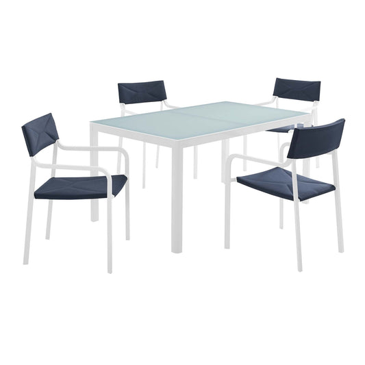 Raleigh 5 Piece Aluminum Dining Set by Modway white frame navy cushions glass tabletop 4 chairs on Tampa Home & Garden Store