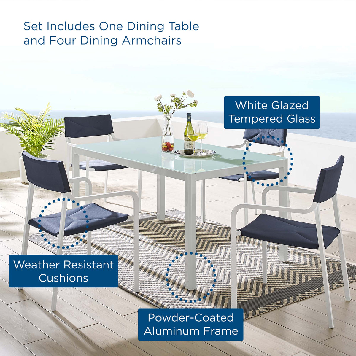 Raleigh 5-Piece Outdoor Aluminum Dining Set with glass top table and four navy cushions on Tampa Home & Garden Store