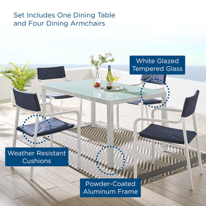 Raleigh 5-Piece Outdoor Aluminum Dining Set with glass top table and four navy cushions on Tampa Home & Garden Store