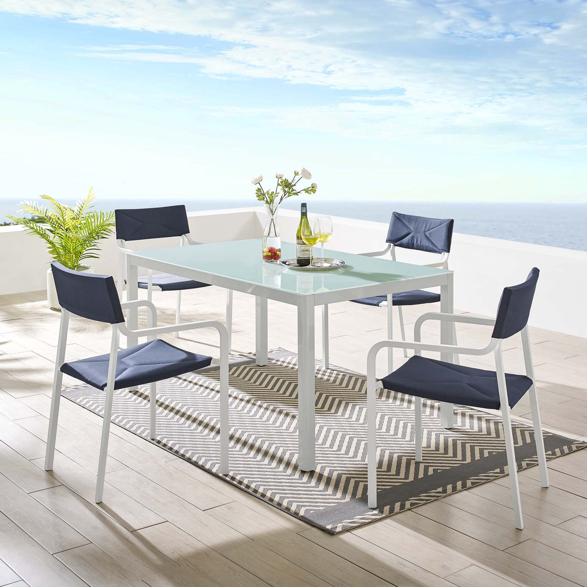 Raleigh 5 Piece Outdoor Patio Aluminum Dining Set with glass top navy cushions by Modway on Tampa Home & Garden Store