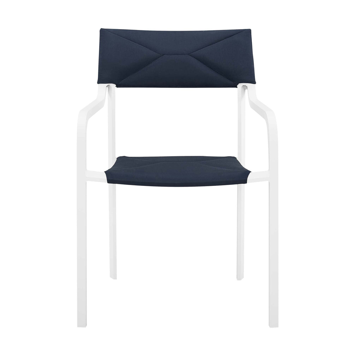 Raleigh 5 Piece Outdoor Patio Aluminum Dining Set navy cushions on white aluminum chairs, 2 shown on Tampa Home & Garden Store