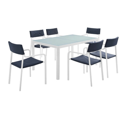 Raleigh 7 Piece Outdoor Patio Aluminum Dining Set white frames navy cushions glass top on Tampa Home & Garden Store