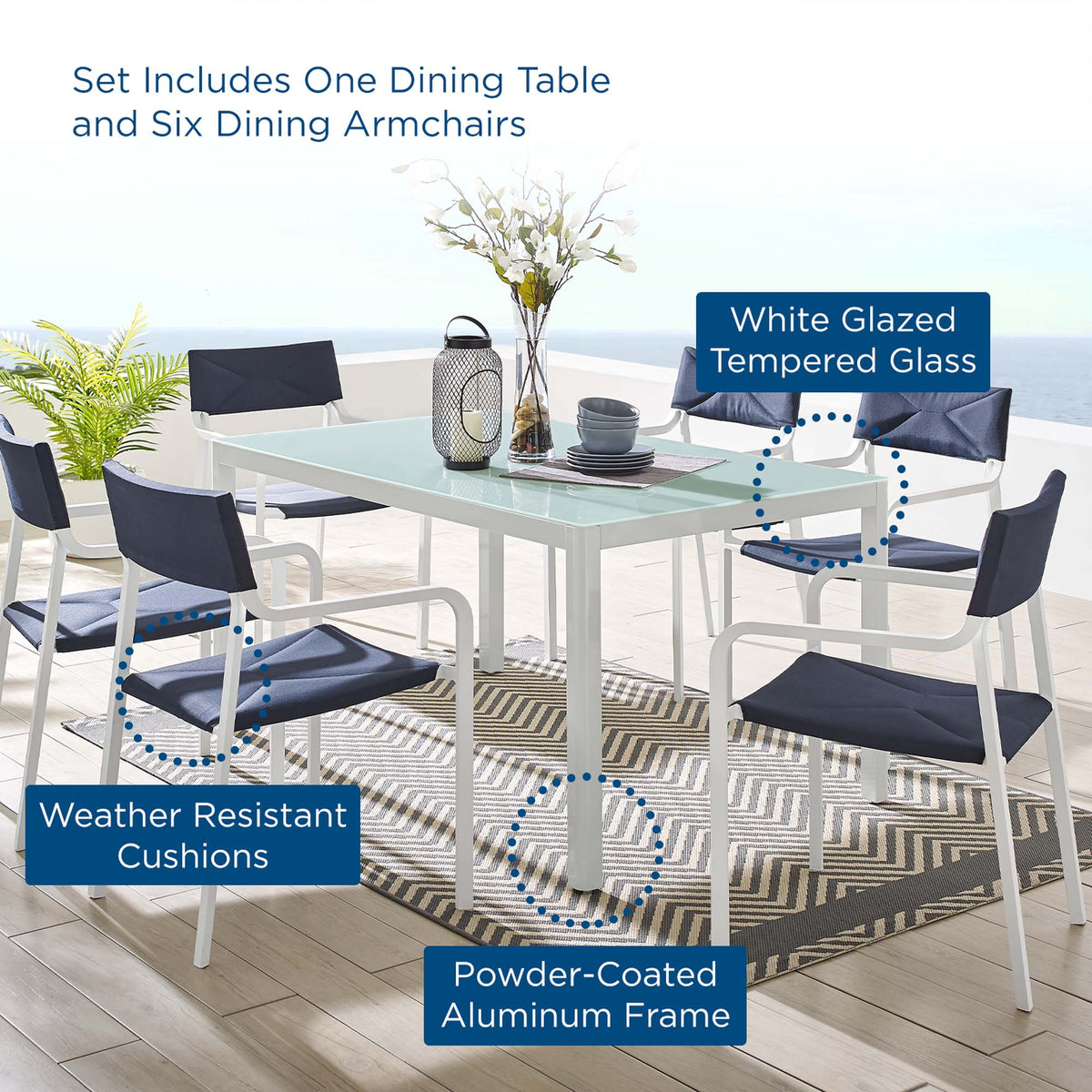 Raleigh 7 Piece Outdoor Patio Aluminum Dining Set by Modway white frame with navy cushions on Tampa Home & Garden Store