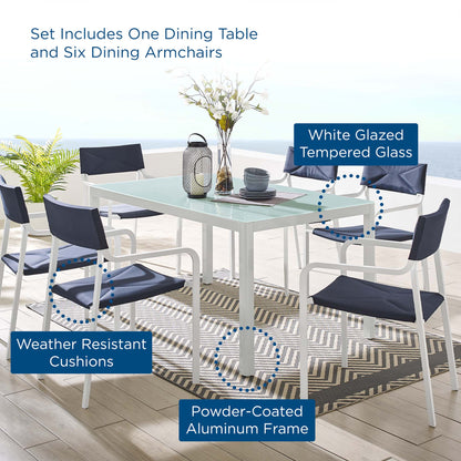 Raleigh 7 Piece Outdoor Patio Aluminum Dining Set by Modway white frame with navy cushions on Tampa Home & Garden Store