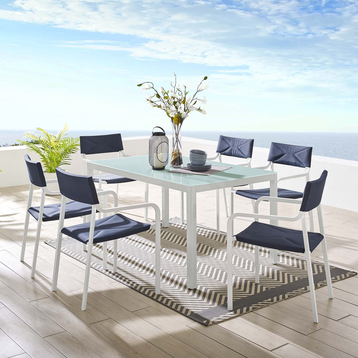 Raleigh 7-piece patio aluminum dining set by Modway, with white frames, navy cushions, glass top on Tampa Home & Garden Store