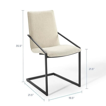 Pitch upholstered fabric dining armchair beige seat and back with slim black metal frame on Tampa Home & Garden Store