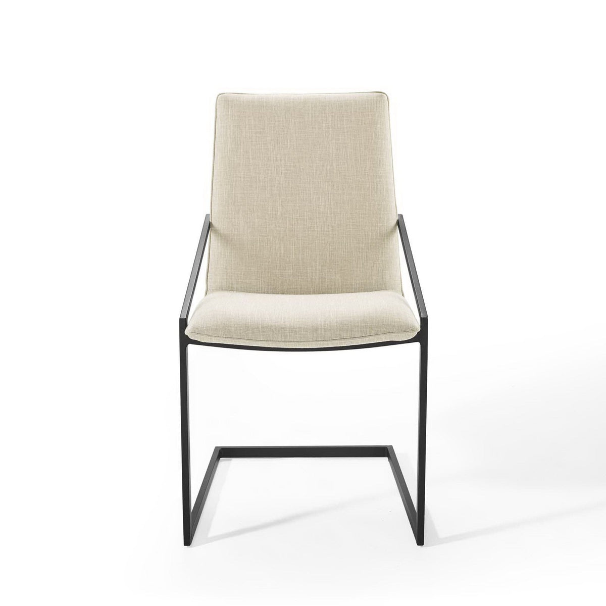 Pitch upholstered fabric dining armchair beige with tall back and slim black metal frame on Tampa Home & Garden Store
