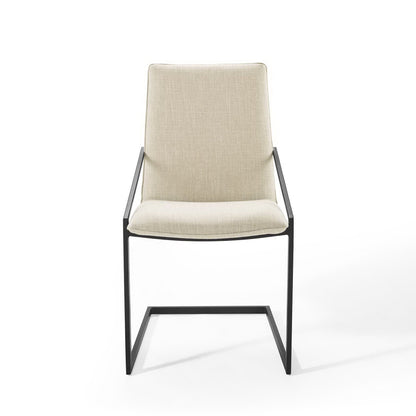 Pitch upholstered fabric dining armchair beige with tall back and slim black metal frame on Tampa Home & Garden Store
